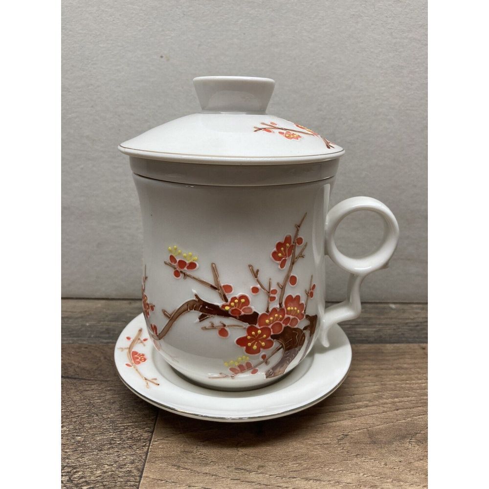 TEAVANA Flower Floral Porcelain Tea Cup w/ Lid Mug & Saucer Sakura CHIPPED